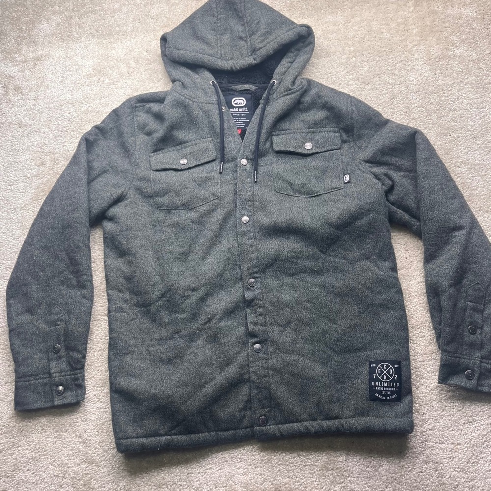 Ecko Unltd Mens Large Charcoal Gray Sherpa Lined Hooded Shirt Jacket Shacket